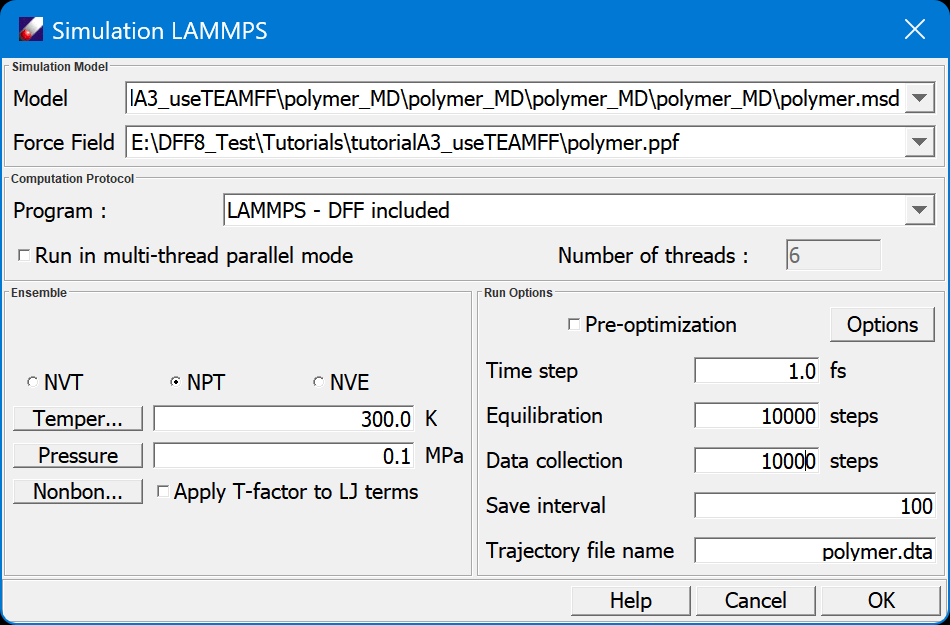 Simulation dialog